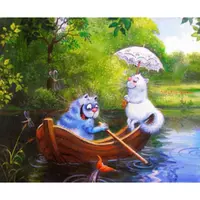 Раскраска по номерам 30*40см "Прогулка кошек в лодке" OPP (холст на раме краски+кисти)
